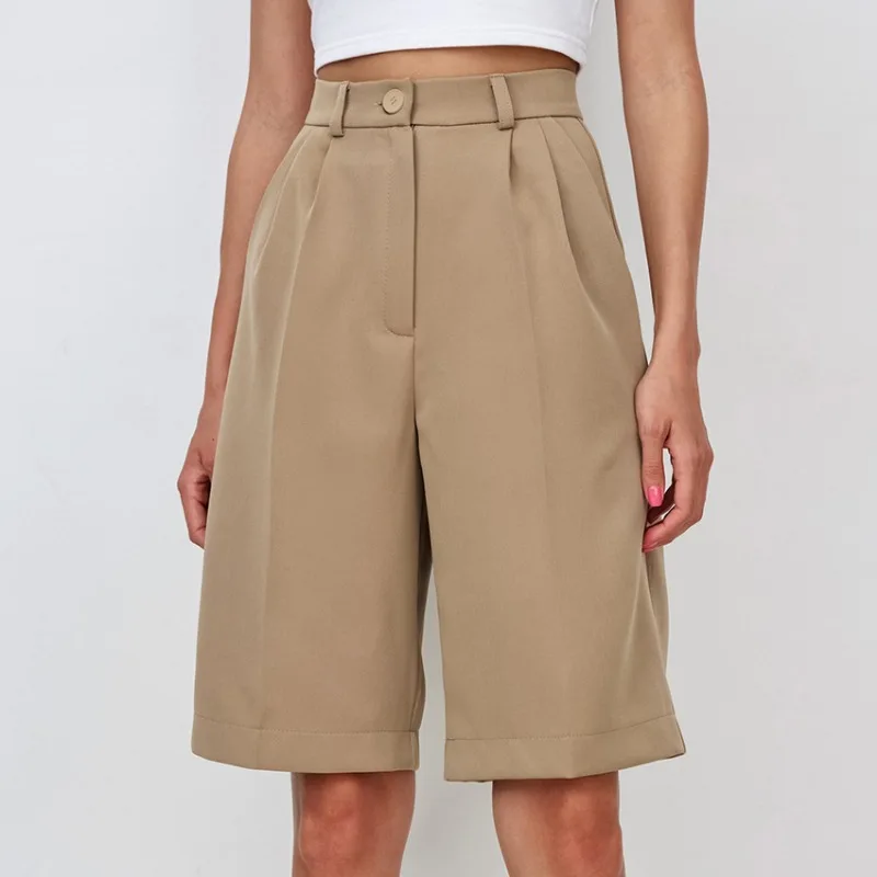 2024 Summer New French Commuter Casual Khaki Short Pants for Youthful Women Clothes Women's Fashion High Waist Wide Leg Shorts