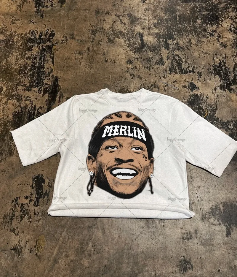 American Retro Oversized T-shirt Spoof Character Anime Printed Top Harajuku High Street Trendy Casual Loose Short-sleeved Men