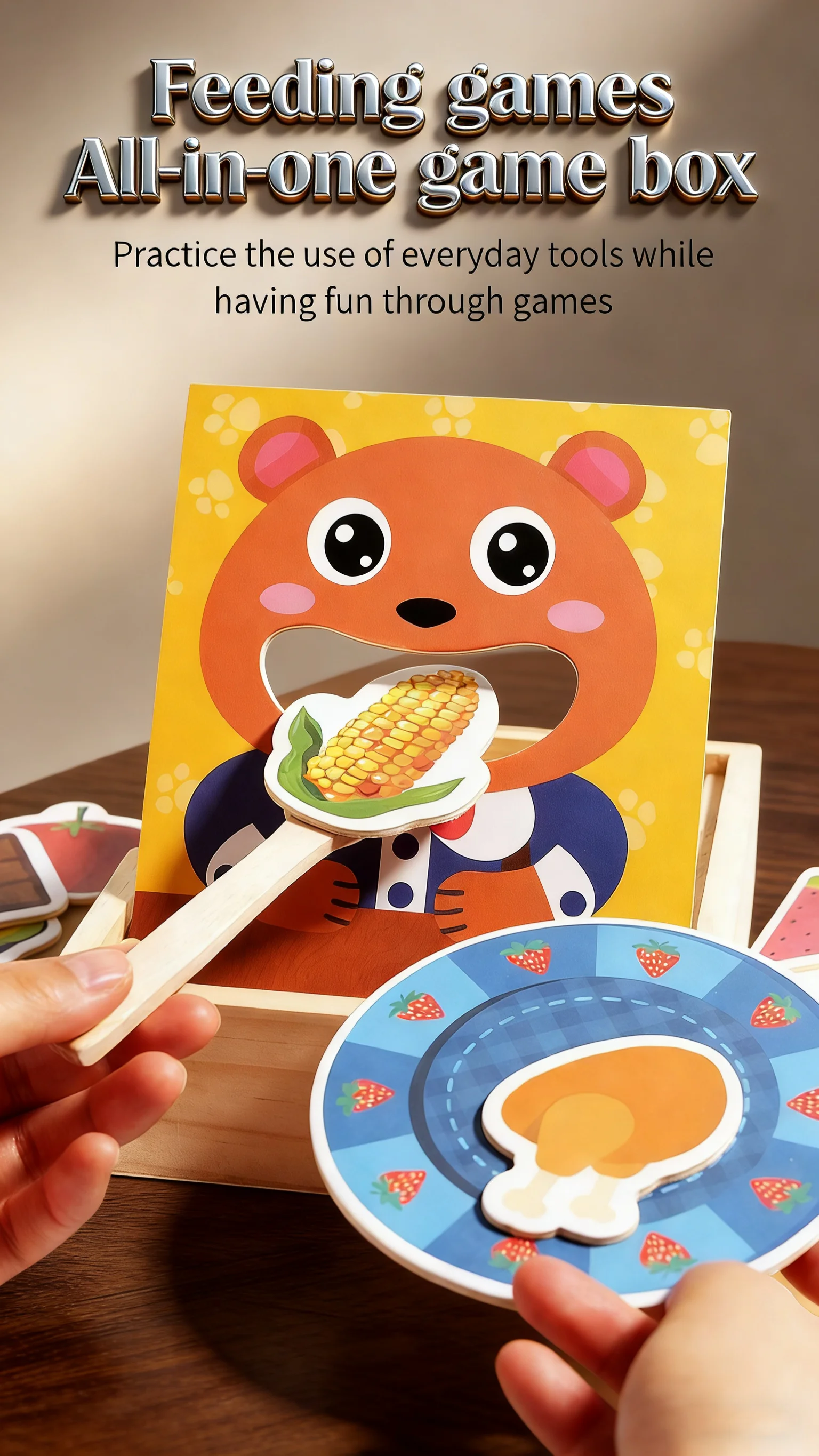 Holz-Bären-Fütterungsspiel für Kleinkinder 30 Lebensmittelkarten Obst Gemüse Desserts Löffel Teller zur Förderung der Feinmotorik Lebensmittel-Erkennungsfähigkeit – Detail 4