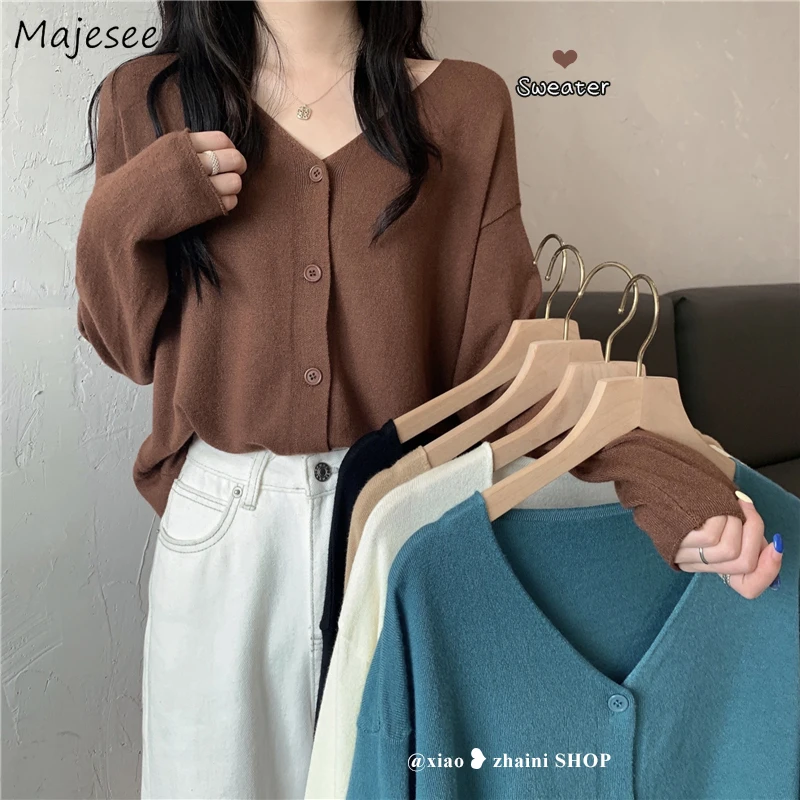 

Solid Cardigan Women Loose V-neck Soft Retro Vintage College Elegant Tender Spring Femme Knitted Jumper Casual Single Breasted