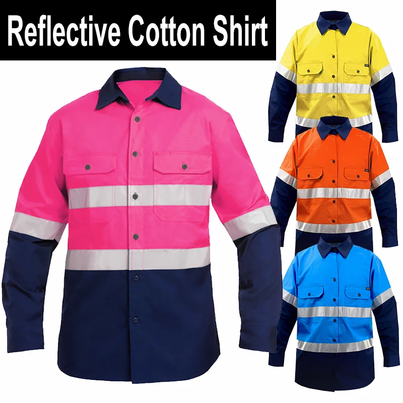 

Hi Vis Shirt for Men Safety Shirt Reflective Long Sleeve Cotton Breathable Work Shirt for Men Mechanic High Visibility Shirt