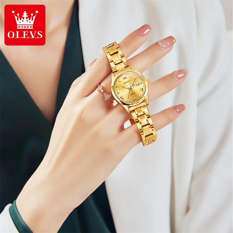 OLEVS Brand New Women Casual Fashion Quartz Watch Women's Waterproof Stainless Steel Watches with Week Calendar Luminous Clock