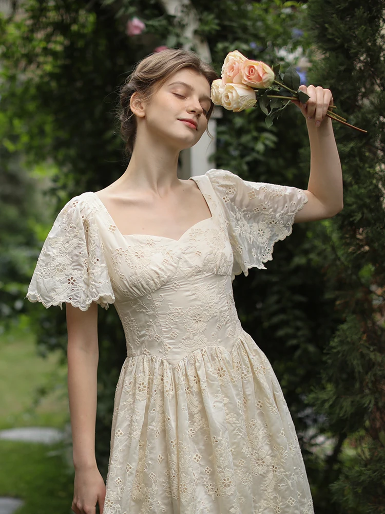 

AIGYPTOS Summer Dresses For Women Vintage Elegant Slim Luxury Embroidery Sexy Hollow Out V-Neck High Waist Big Swing Long Dress