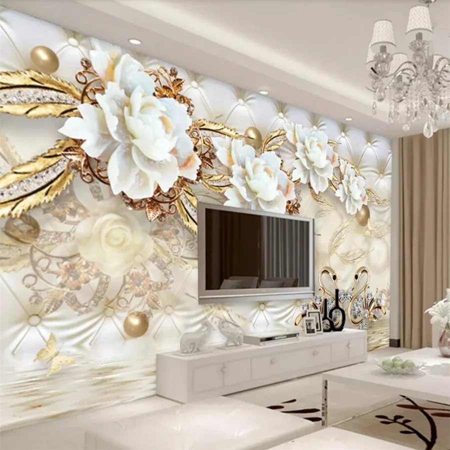 

wellyu Custom wallpaper fashion 3d photo murals circle luxury gold white flower ball jewelry TV background wall paper 3d mural
