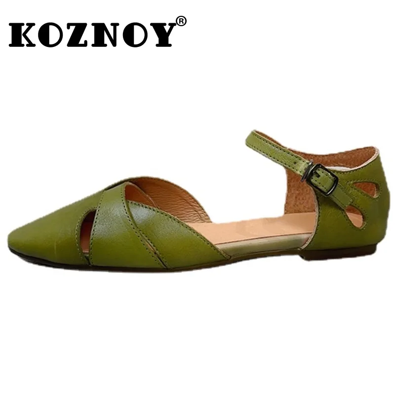 

Koznoy 1cm 2024 Weave Cow Genuine Leather Fashion Slippers Women Platform Wedge Ethnic Mocasin Flats Hollow Shallow Summer Shoes