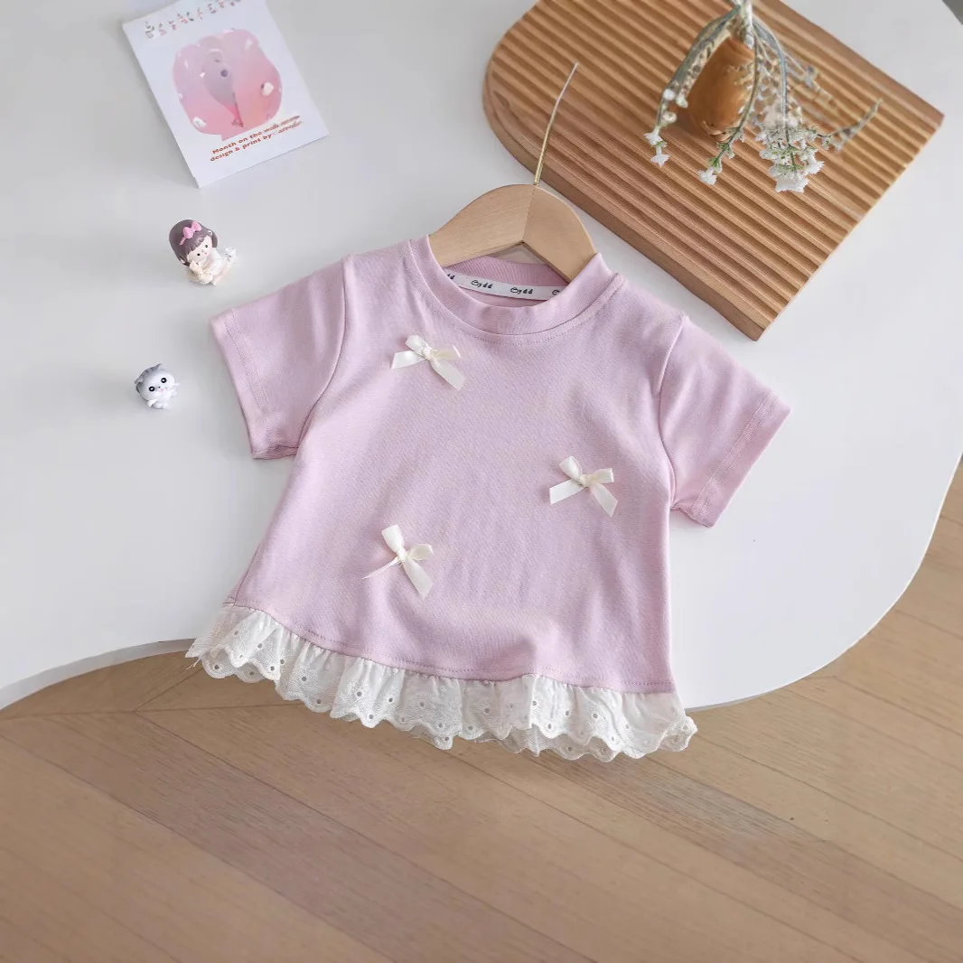 달콤한 소녀들 리본 반팔 티셔츠 여름 어린이 레이스 라운드 넥 탑 한국  소녀 티셔츠