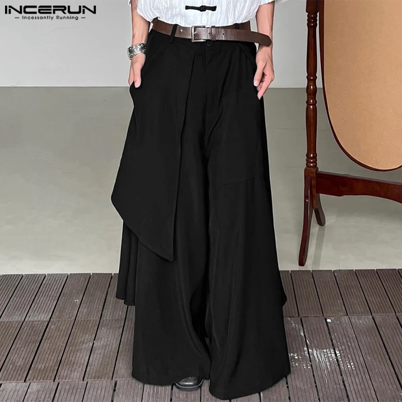 Men Wide Leg Pants Solid Loose Button Joggers Oversize Irregular Trousers Men Streetwear 2023 Fashion Skirts Pants S-5XL INCERUN
