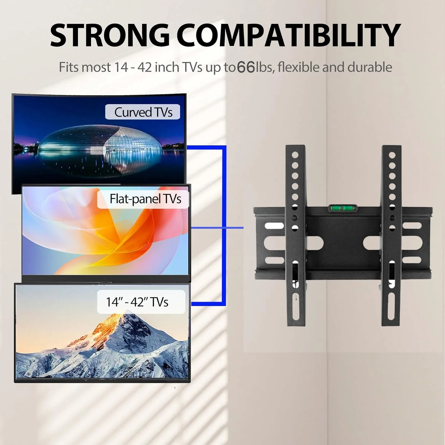 1442인치 고정형 TV 모니터 벽걸이 브래킷 (LED LCD TV 및 모니터용), 로우 프로파일 소형 TV 브래킷, 간편 슬림형 평면 벽걸이 브래킷 (최대하중 66lbs)