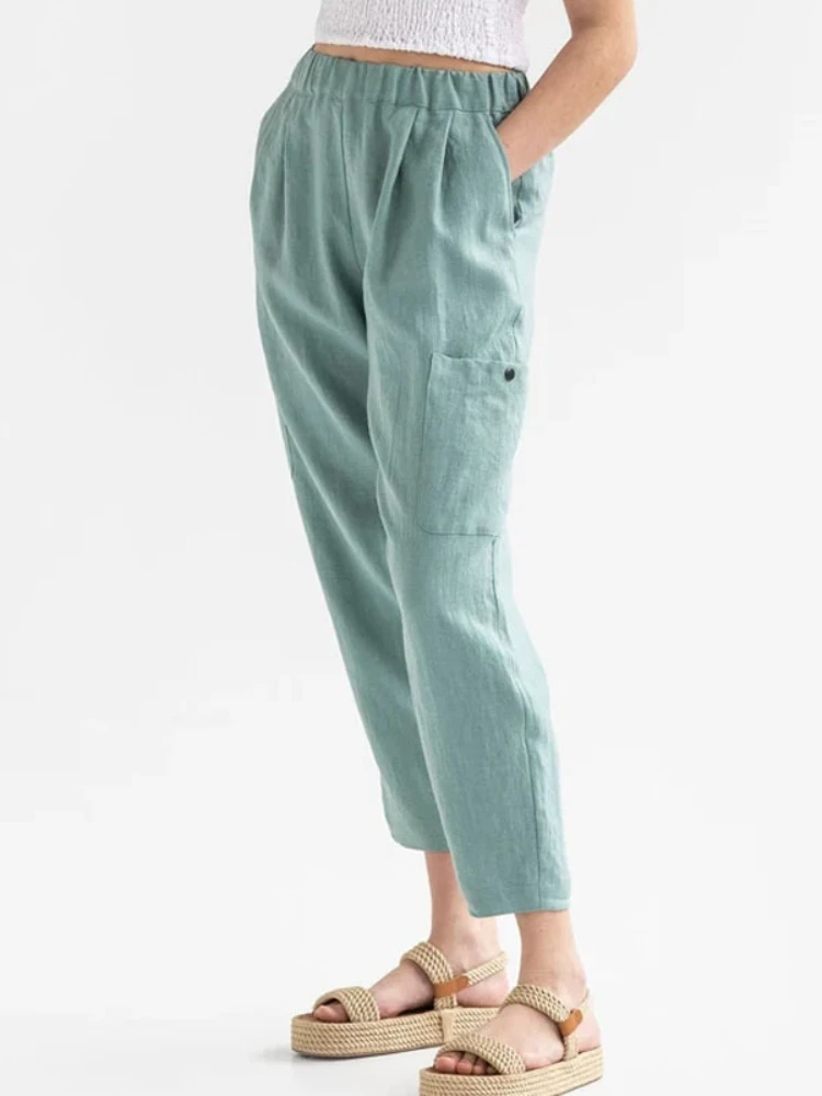 

2022 New Spring and Summer Fashion Loose Pants High Waist Cotton and Linen Casual Pocket Casual Pants Overalls Streetwear Women