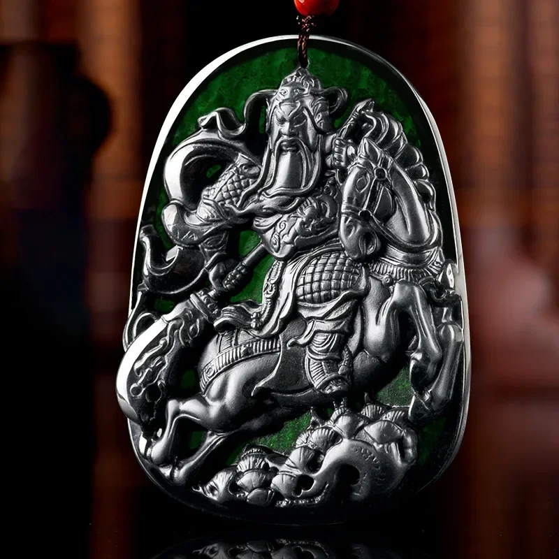 

Burmese Jade Guan Yu Pendant Men Gemstones Gemstone Carved Jewelry Real Necklace Emerald Black Natural Talismans Jadeite Charms