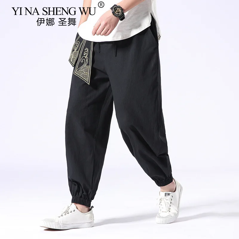 Kimono Men Cotton Linen Japanese Retro Samurai Costume Ukiyo-e Print Belt Harem Pants Mens Hip Hop Harajuku Haori Baggy Trousers