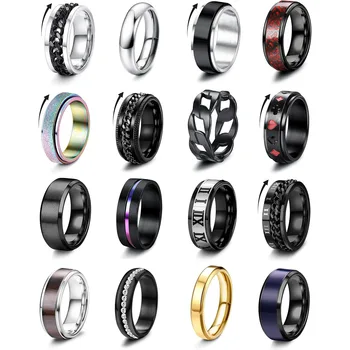 16Pcs Stainless Steel Fidget Rings for Men Women Anxiety Relief Band Spinner Rings Set for Wedding Promise Rings Jewelry Gifts