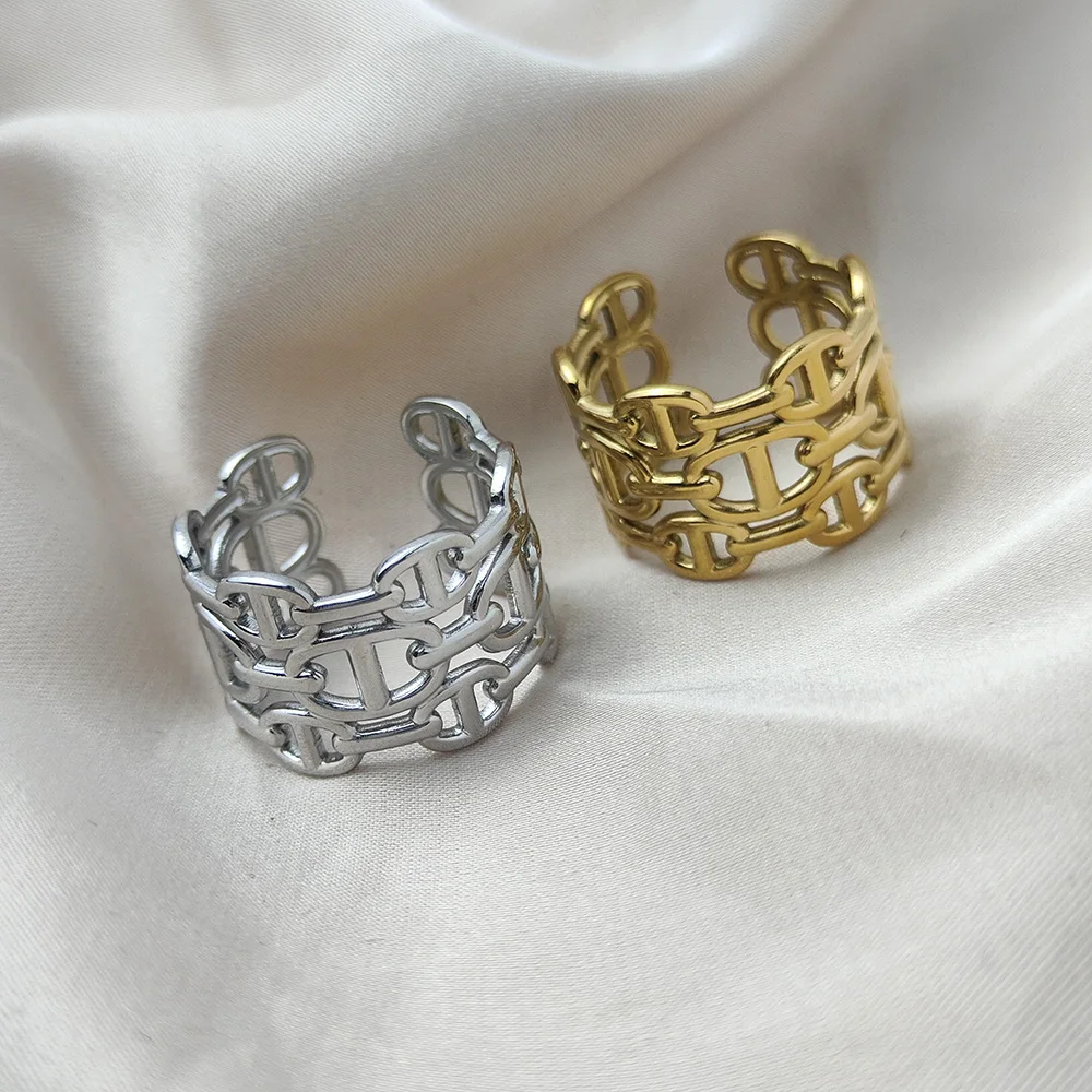 

Dainty Stainless Steel Gold Plated Opening Ring Gift Three Layer Hollow Simple Stacking Rings anillos mujer