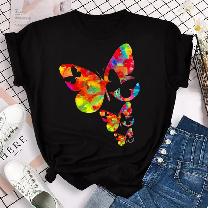 Camiseta con estampado de pétalos de mariposa para mujer, blusa de manga  corta y cuello redondo, camisetas gráficas bonitas, Tops femeninos Clothin, 