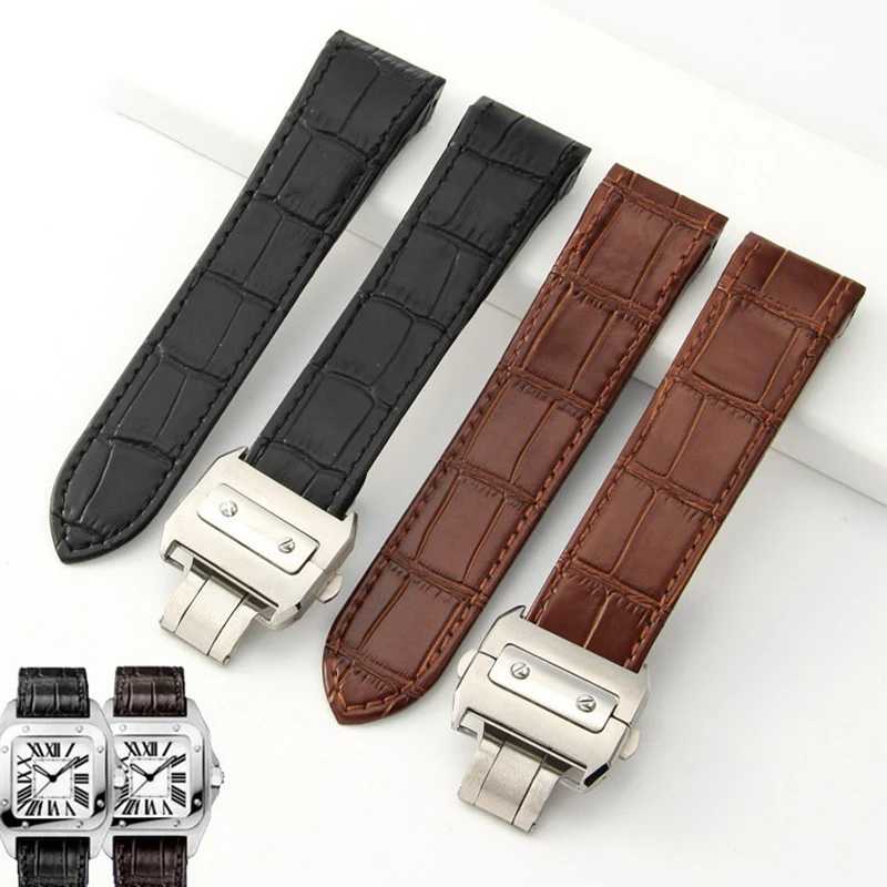 

20mm 23mm Leather Watch Strap Fit For CAR Sandoz Santos 100 Watch Bracelet With Deployment Buckle Watch Band