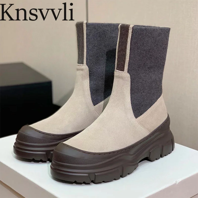 

Classics Thick Sole Motorcycle Boots Women Round Toe String Bead Flat Platform Shoes Cow Suede Patchwork Knit Short Boots Woman