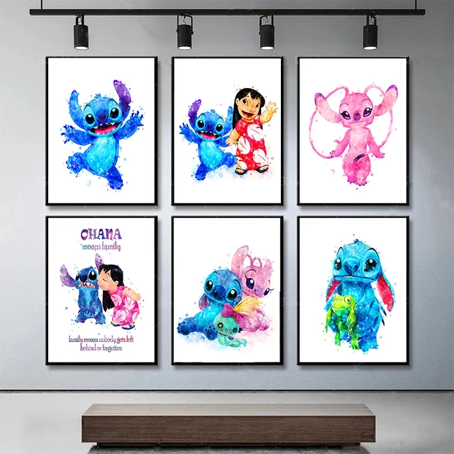 Arte dos desenhos animados da disney, tela em aquarela lilo e stitch,  pinturas de arte para parede do quarto, decoração de casa - AliExpress