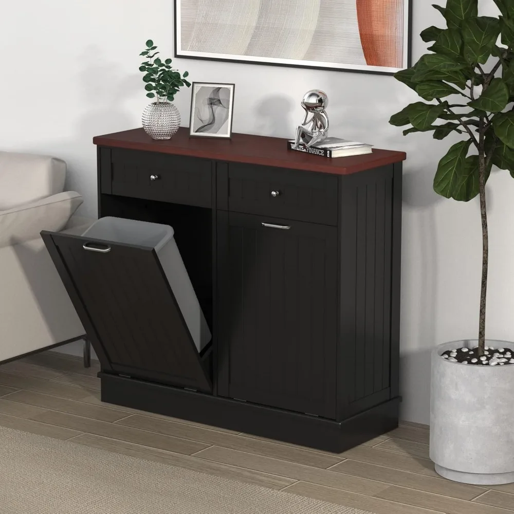 Dual tilt trash cabinet 20 gallon, antique style headboard trash can cabinet kitchen with solid wood tabletop and drawers 3