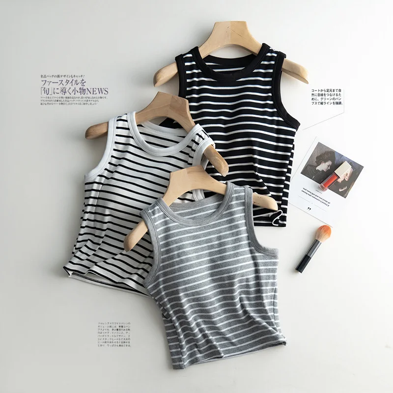 2024 Summer New Women's Tank Top Pajamas All Cotton with Chest Pads Tank Top with Stripe Sports Bottom Short Home Fur Ladies