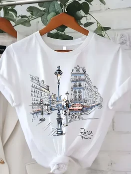 Women's Paris Street Printed T-shirt, Short Sleeves Round Neck, Casual Top with Eiffel Tower Design Spring/summer/autumn Fashion 1