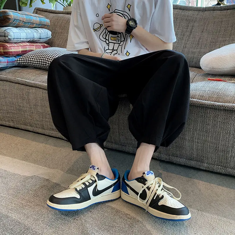 Summer New Solid Color Fashion Elastic Waist Ankle Length Pants Man High Street Pockets Patchwork Cotton Personality Haren Pants
