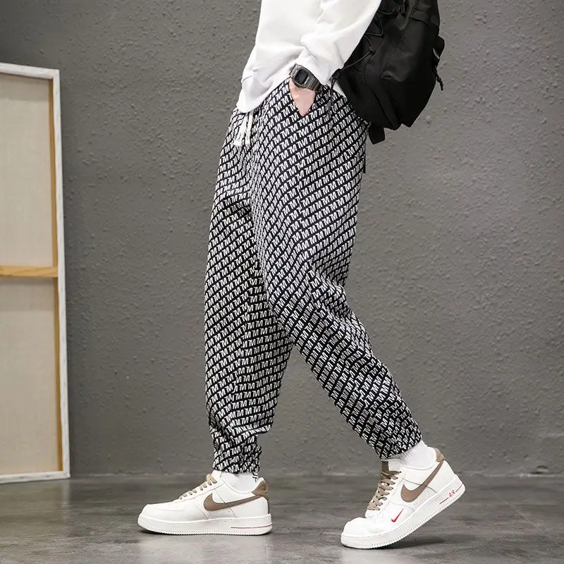 Summer New Fashion Letter Print Casual Harlan Pants Men Elastic Waist Drawstring Patchwork Pocket Loose Sports Straight Trousers