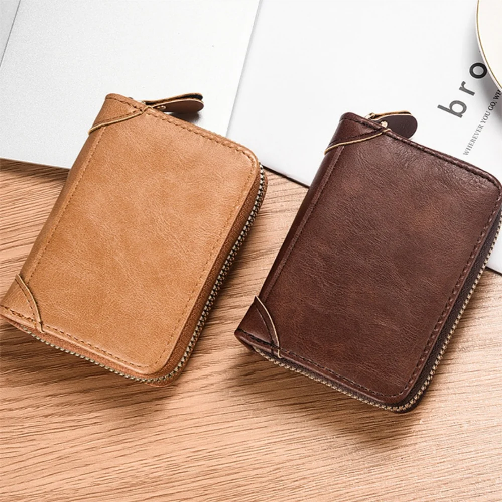 Business Card Holder Wallet Men Bank Card/ID Card/Credit Card Holder 18 Card Bits Male Coin Pouch Solid Leather Zipper Wallet