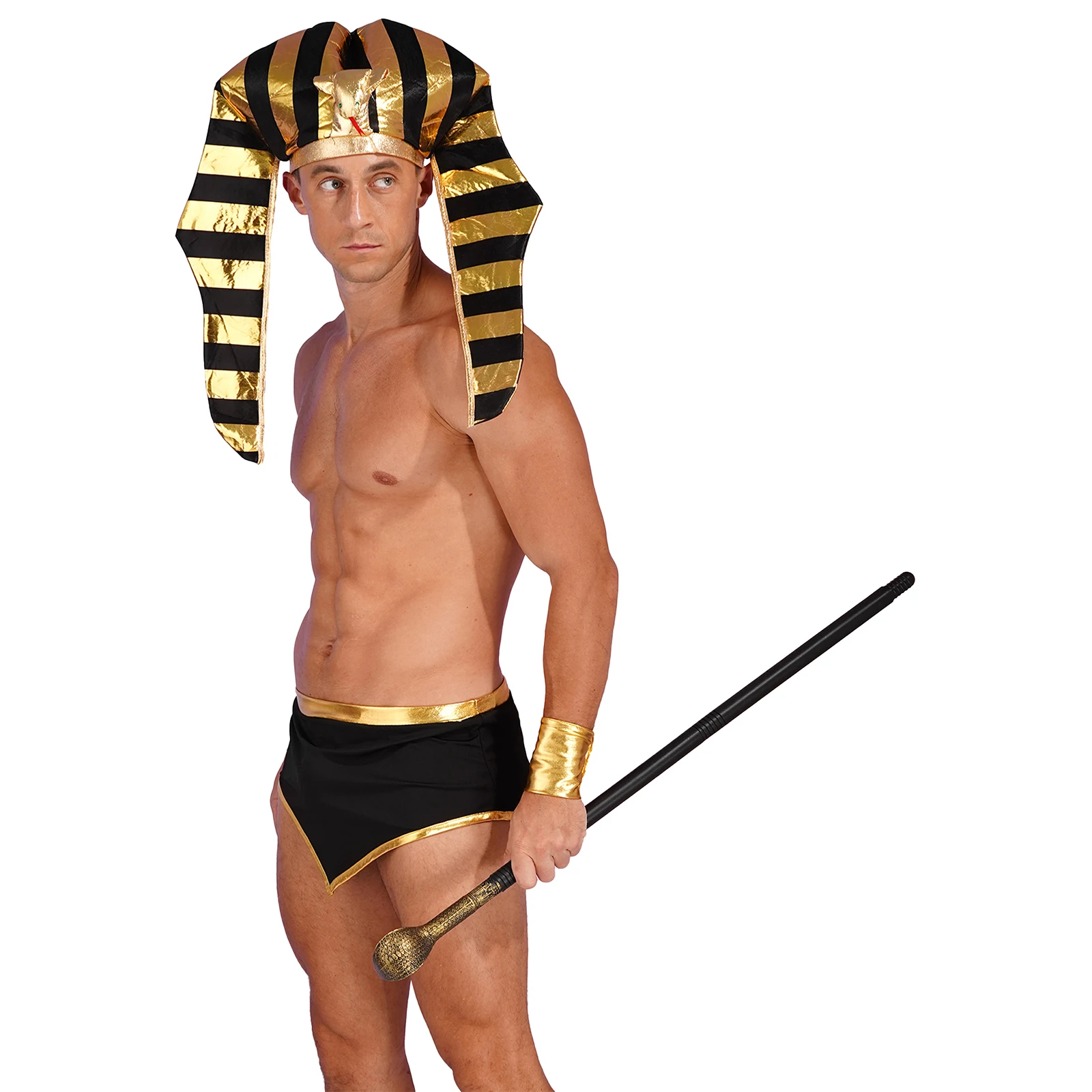 

Mens Ancient Rome Costume Contrast Color Trim Irregular Hem Skirt with Cuffs Golden Pharaoh Snake Head Hat And Scepter Set Party