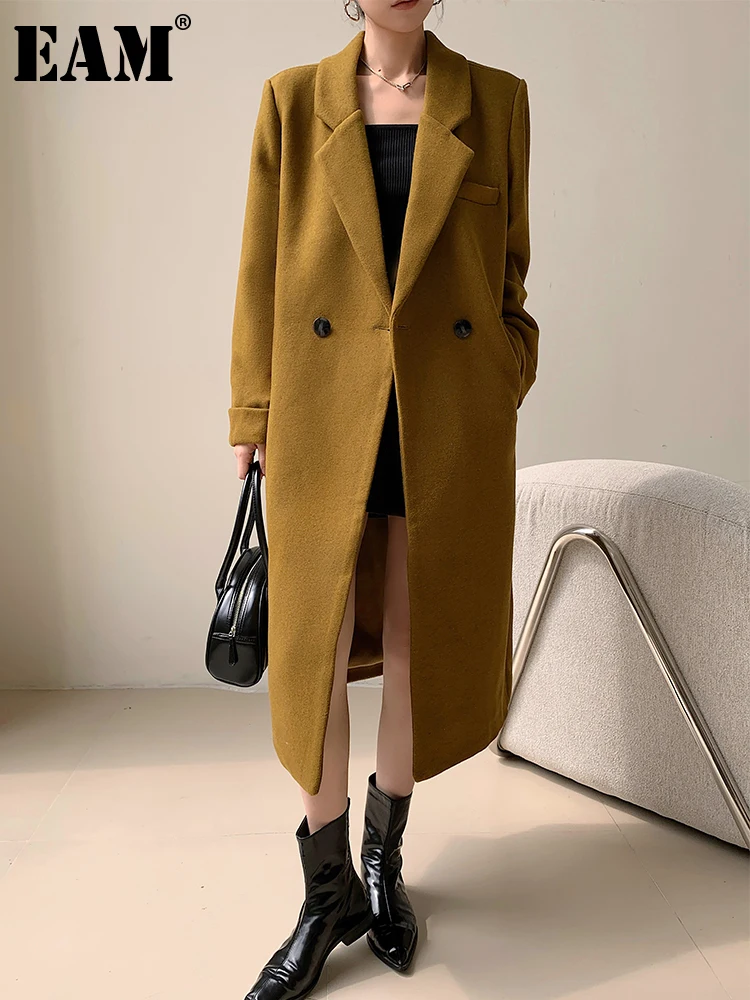 

[EAM] Loose Fit Yellow Big Size Elegant Long Woolen Coat New Lapel Long Sleeve Women Jacket Fashion Autumn Winter 2024 1DH3109