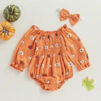 Citgeett Autumn Halloween Infant Baby Girl Jumpsuit Cartoon Pumpkin Print Off Shoulder Long Sleeve Bodysuit + Bow Headband 2