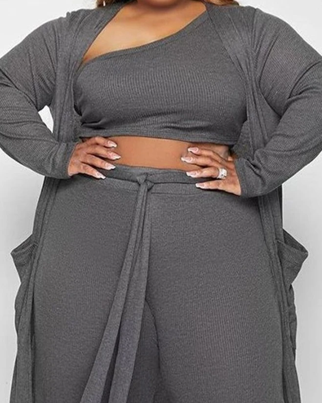 Two Piece Set Women Outfit 2023 Spring Fashion One Shoulder Crop Top & Drawstring Daily Pants Set with Open Front Longline Coat