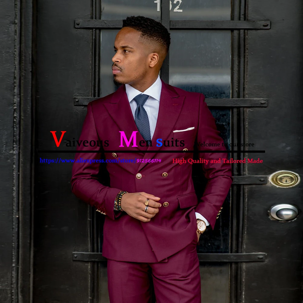 Burgundy Business Party Man Suit Double Breasted Slim Fit Mens Suits 2 Pieces Jacket Trousers Casual Wedding Suit