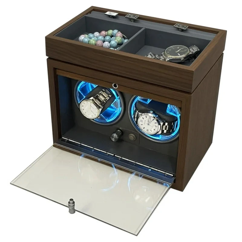 

Automatic Watch Winder Black Walnut Wooden Upright 2 Epitopes Cool Blue Light Multi-Functional Desktop Storage Open Cover Stop