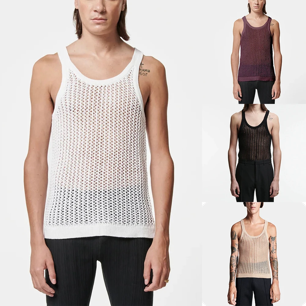

Mens Sleeveless Mesh Knitting Vest Tank Tops Blouse Muscle Sports Gym T-Shirts Male See-through Breathable Vests U Neck Shirts