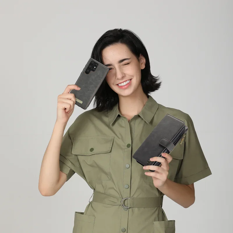 Durable Leather Magnetic Zipper Flip Wallet Case For Samsung S22 S21 Note 20 Ultra Note10 Plus Detachable Cover with Card Holder