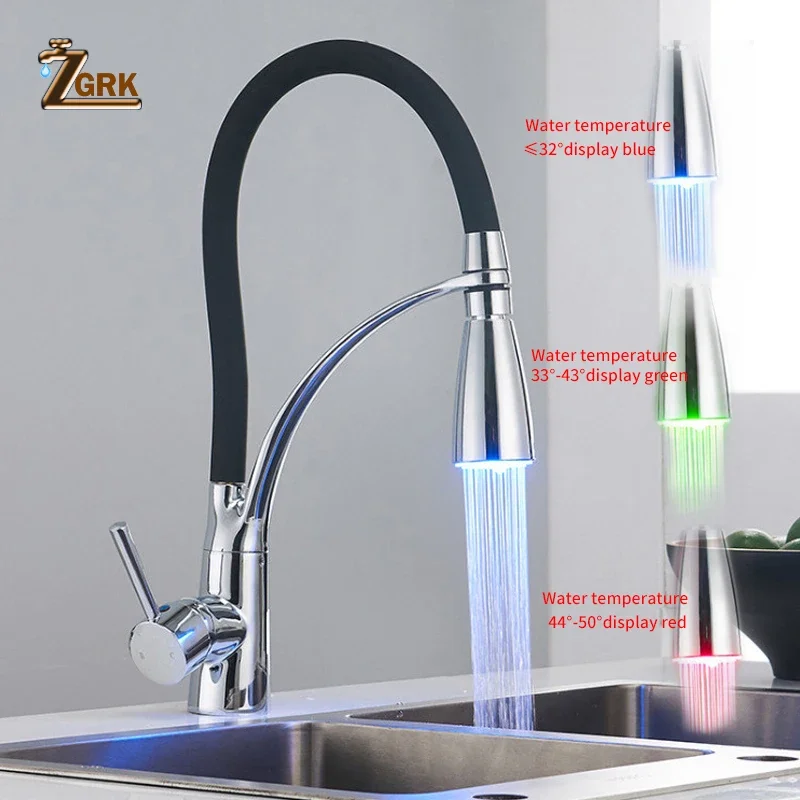 ZGRK 360 Degree Rotation  Kitchen Faucets with Rubber Design Chrome Mixer Faucet for Kitchen LED Discoloration With Temperature