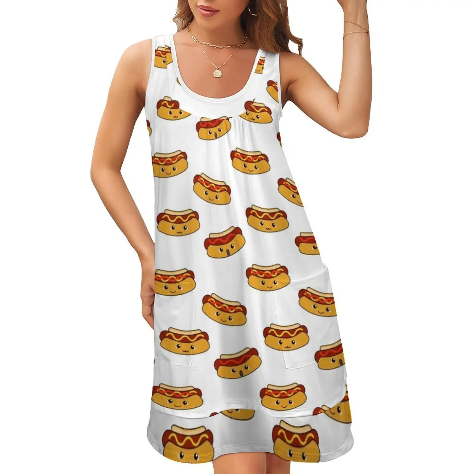 

Hot Dogs party! Sleeveless U-Neck Fake Two Piece Dress Women's evening dress womens clothing Clothing female