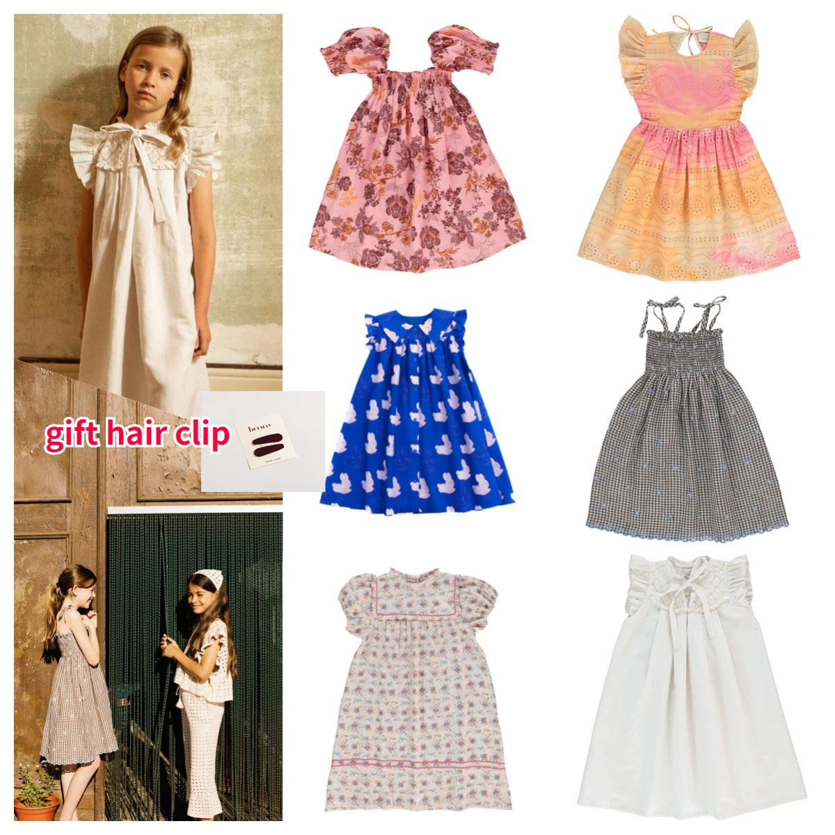 

BE Girls Floral Dress 23 Summer New Girls Court Style Embroidered Lace Puff Sleeve Long Skirt Plaid Suspender Dress Free Hairpin