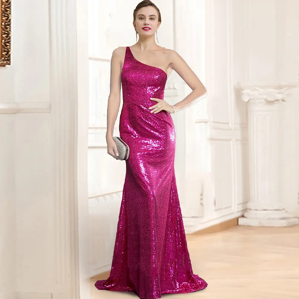 

Sexy One Shoulder Fuchsia Sequin Party Gown Custom Made Open Back Trumpet Long Simple Prom Dresses
