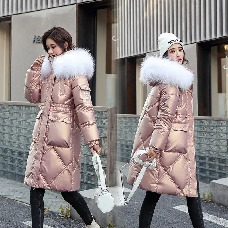 

2023 New Glossy Down Cotton-Padded Jacket Women's Coat Joker Loose Padded Warm Outcoat Fashion Casual Fur Collar Outerwear