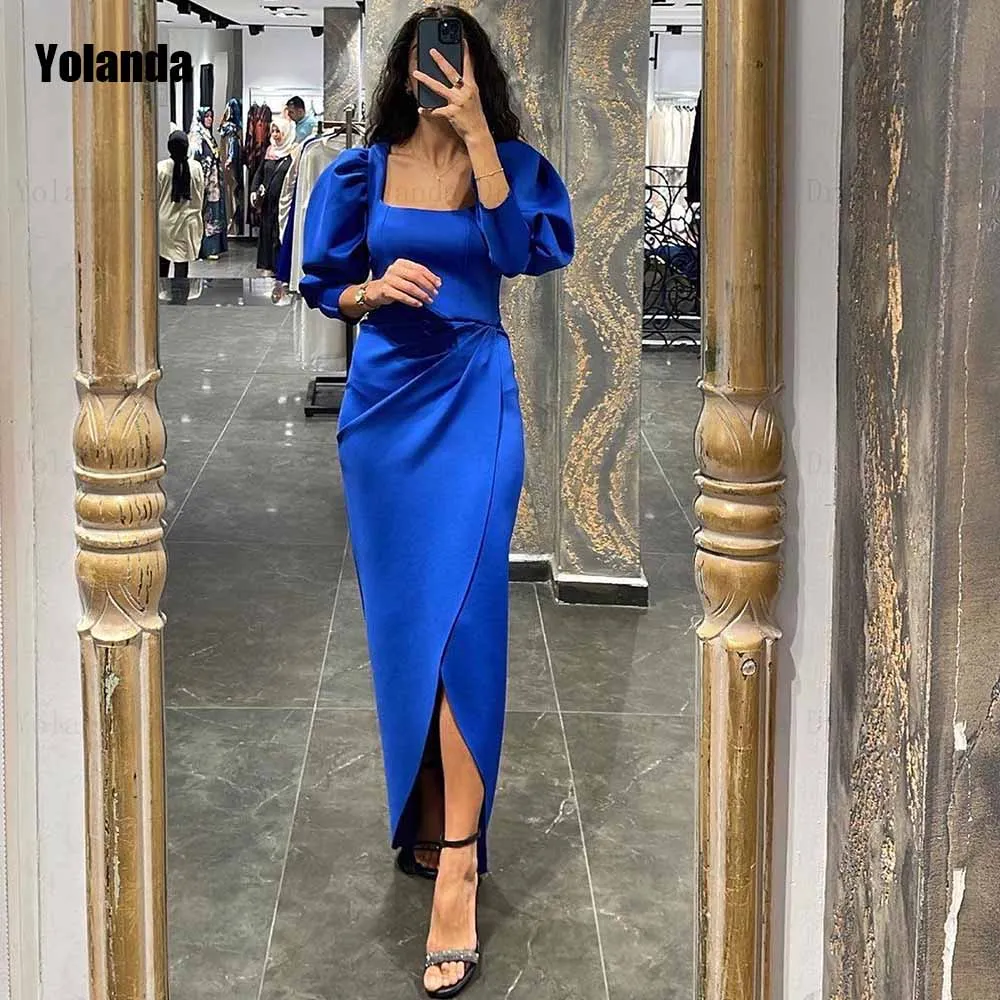 

Blue Fashion Mermaid Evening Dresses Square Ruffle Puff Sleeve Front Split Open Back Party Dress Floor Length Robe de soirée
