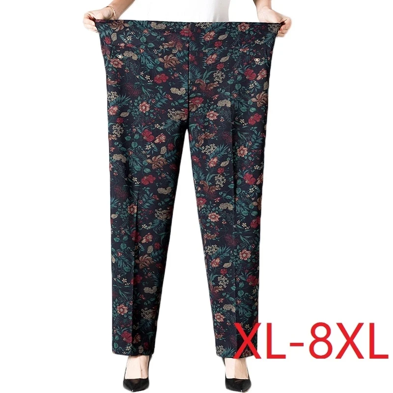 8XL pantaloni da donna di mezza età nuova stampa elastici pantaloni Casual a vita alta pantaloni dritti caldi in velluto invernale pantaloni Oversize della nonna 1