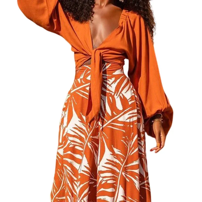 Fashion Printed Two Piece Set for Women Long Sleeved Leace-up Deep V-neck Sexy Cropped Tops High Waist Loose Wide Leg Pants Sets