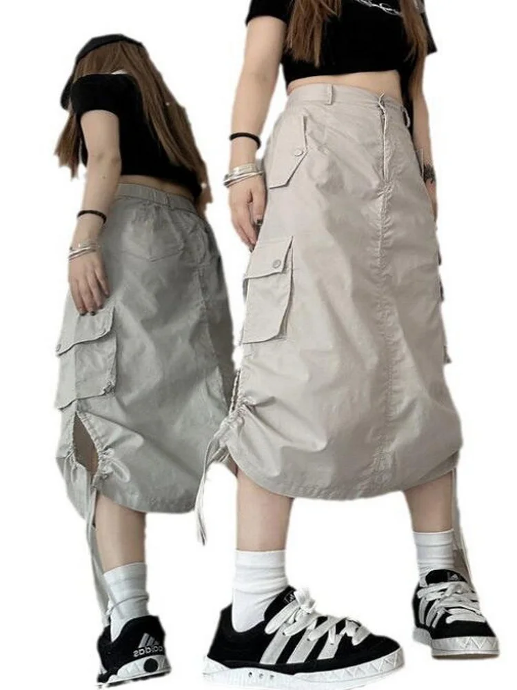 Women Fashion Slit Hip Hop Midi Skirts  Drawstring Pockets A-line Skirt American Streetwear Cargo Skirts