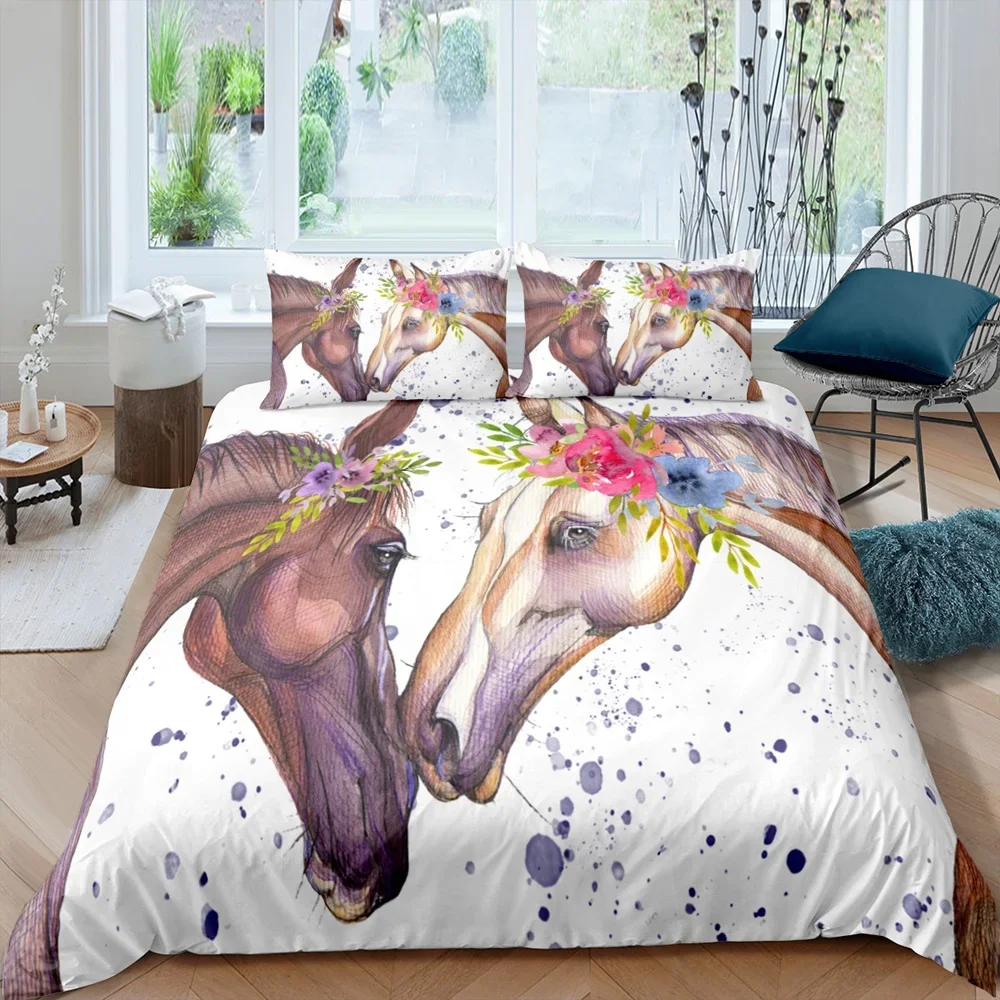 3D Pferd Bettbezug King Queen Size Gelbe Sonnenblume Bettwäsche Set Floral Tier Thema Bettbezug Wildlife Weiche Tröster Abdeckung – Detail 19