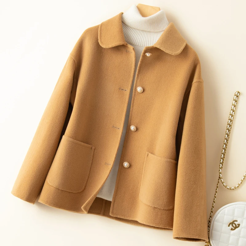 Double-Sided Woolen Coat Female Student Basic Style Autumn And Winter New High-End Temperament Pearl Buckle Solid Color Jacket