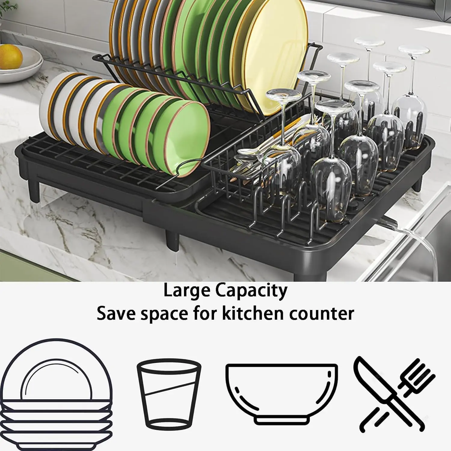 Dish Drying Rack, Large-Capacity Dish Drainer with Cutlery Holder Rotatable Water Drainer for Kitchen Counter 5