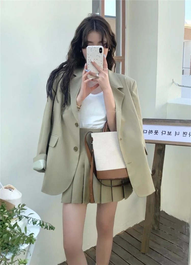 Korean Fashion Solid Two-piece Skirt Set Women Single Breasted Blazer Coat + Pleated Mini Skirt Autumn Office Lady Casual Suits