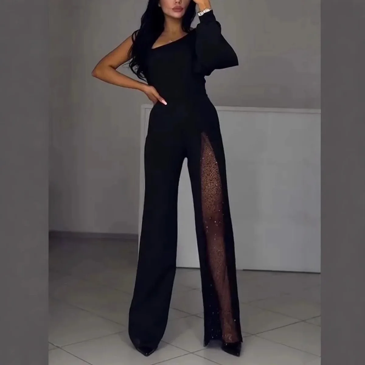 Women Strapless Jumpsuit Casual Fashion Women'S Solid Sloping Shoulders Pants Spring Lace Splicing Rompers Sexy Street Playsuits