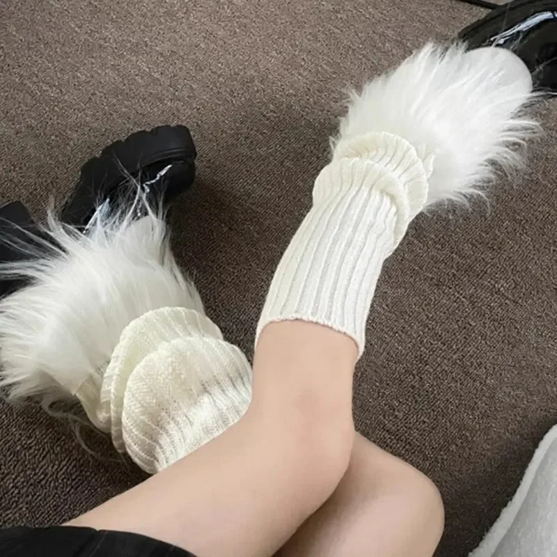 Lolita Warm Sweet Stockings Furry Black White Boot Cover Socks Plush Knitting Leg Warmers Women Winter Long Faux Fur Stocking